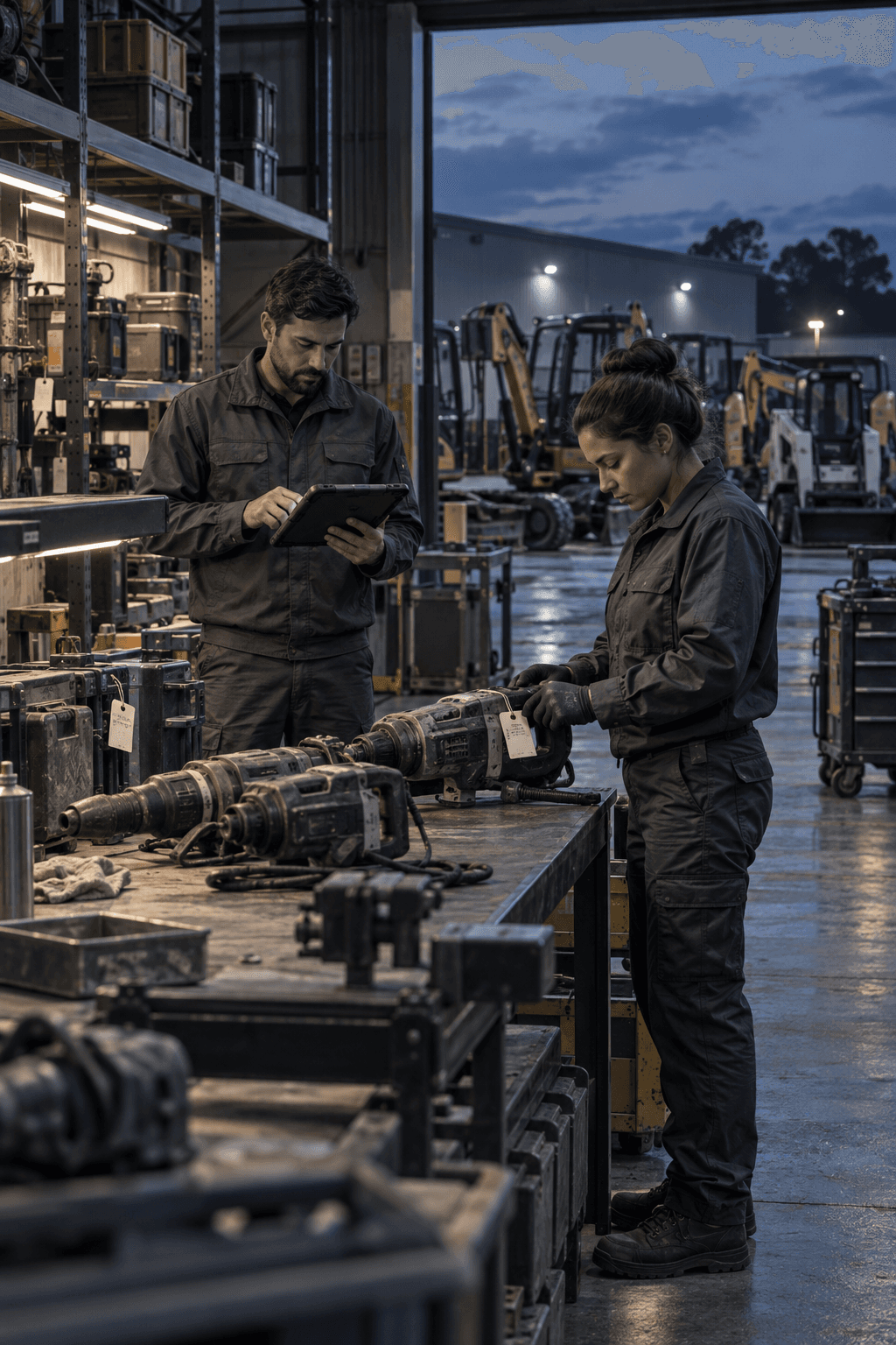 Equipe acompanhando equipamentos e ordens de serviço na locadora
