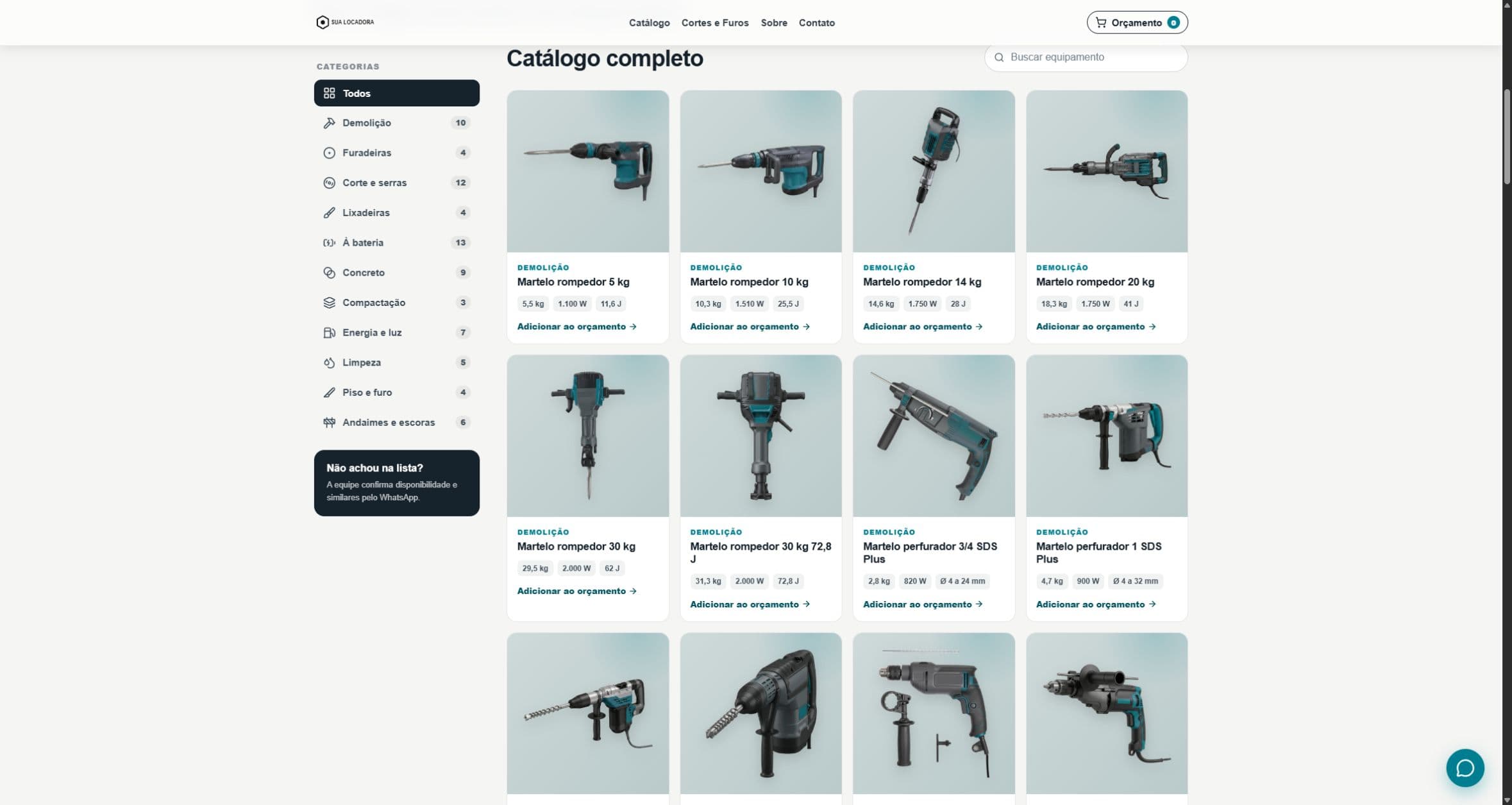 Interface do catálogo Vorane com categorias, equipamentos e solicitação de orçamento
